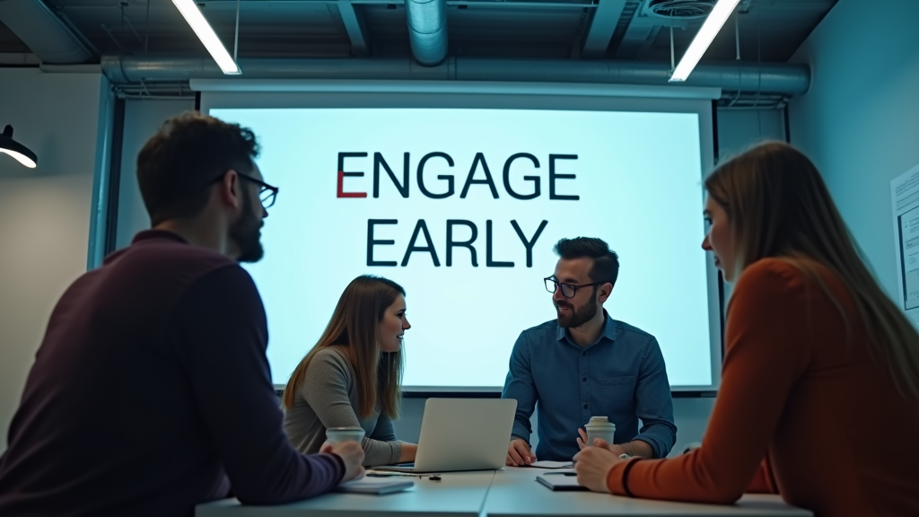 Low angle view of a startup team collaborating in a bright, modern office space