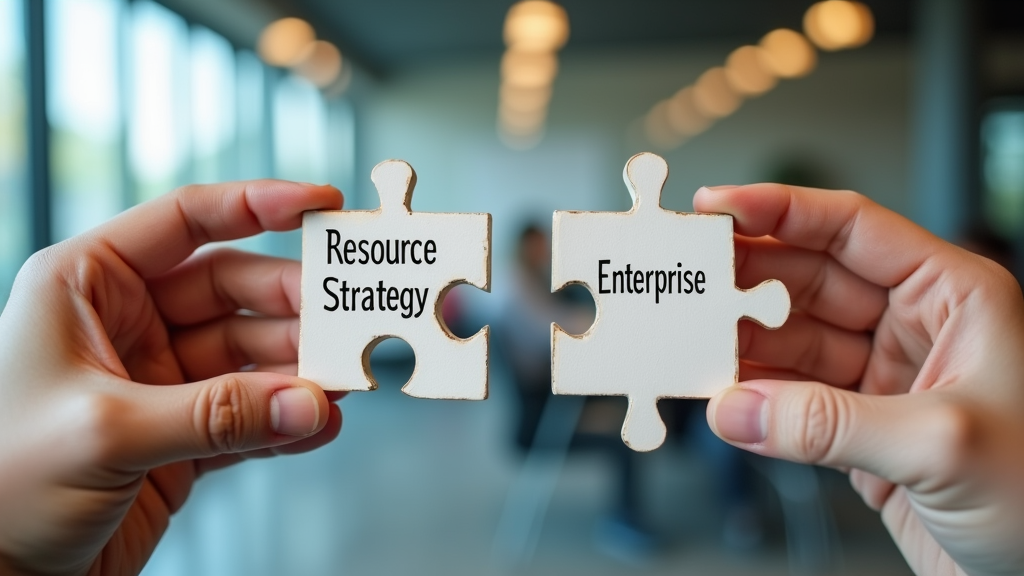 Close-up shot of two hands holding puzzle pieces that represent resources - one piece labeled startup with minimal elements, another labeled enterprise with complex components