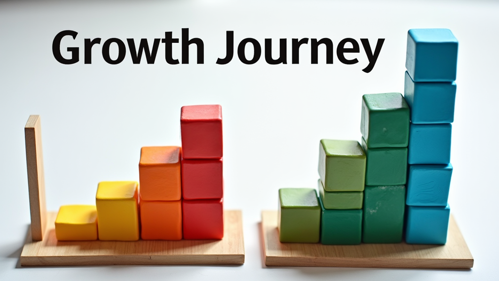 Bird's eye view of two different growth charts made with actual objects - one showing exponential startup growth using colorful building blocks, another showing steady enterprise growth using traditional office supplies