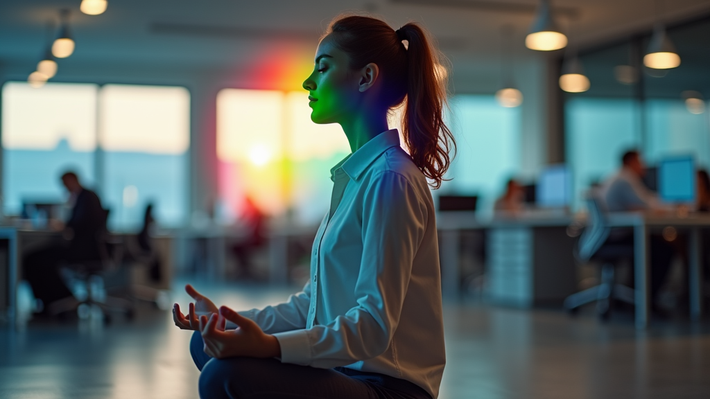 Side view of a person meditating in a modern office setting with subtle rainbow colors reflecting on their face