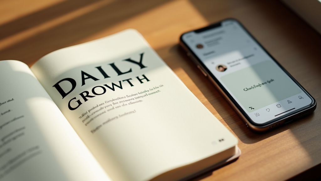 Close-up shot of a journal with positive affirmations, next to a smartphone displaying a mindfulness app, on a wooden desk with morning sunlight streaming in