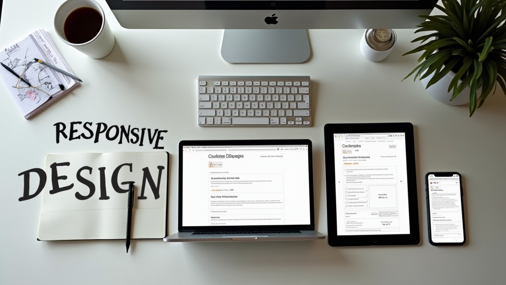 Bird's eye view of a clean, organized desk with multiple devices showing the same landing page across different screen sizes. A coffee cup and notebook with sketches visible in the corner. There's text "RESPONSIVE DESIGN" written with large bold font.