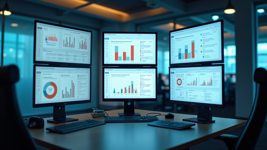 Wide angle view of multiple computer screens displaying analytics dashboards with graphs and charts. Modern office setting with clean design. There's text "MEASURE SUCCESS" written with large bold font.