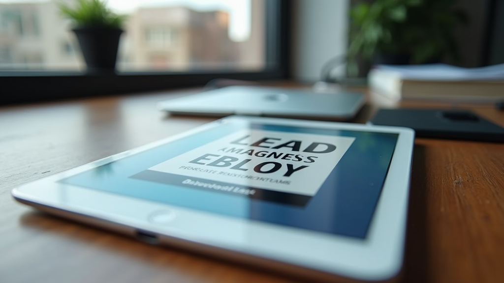 Close-up shot of a tablet displaying a professional ebook cover and download button. Clean, minimal design with business elements in the background. There's text "LEAD MAGNET" written with large bold font.