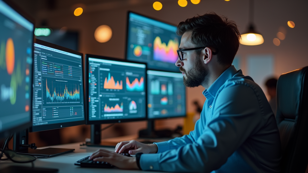 Medium shot of a marketing professional analyzing digital marketing metrics on multiple screens. Graphs and charts displaying various marketing channels are visible. Warm office lighting creates a focused atmosphere. There's written "DIGITAL GROWTH" with large bold font.