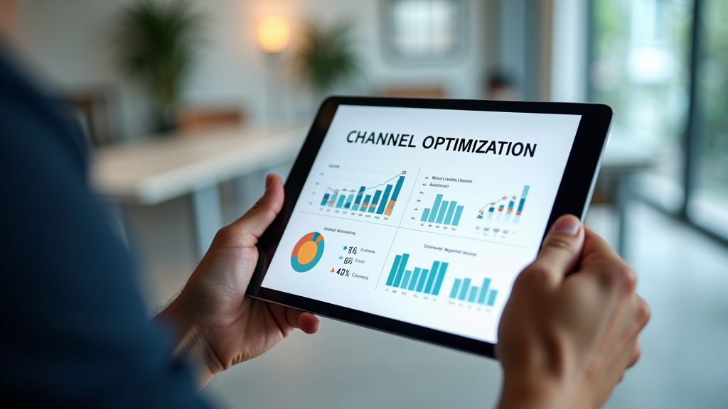 Close up shot of hands pointing at a tablet showing marketing analytics dashboard with multiple channel performance metrics. Clean, modern office setting with minimal distractions. There's written "CHANNEL OPTIMIZATION" with large bold font.