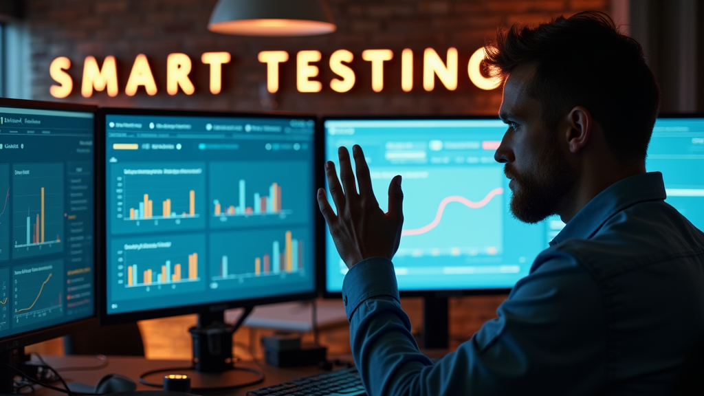 Medium shot of a person analyzing data on multiple screens showing social media metrics and survey results. Warm office lighting creates a focused atmosphere. There's written "SMART TESTING" with large bold font.