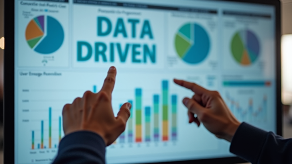 Close up shot of hands pointing at a dashboard showing conversion metrics and user engagement data. Clean, modern office setting. There's written "DATA DRIVEN" with large bold font.