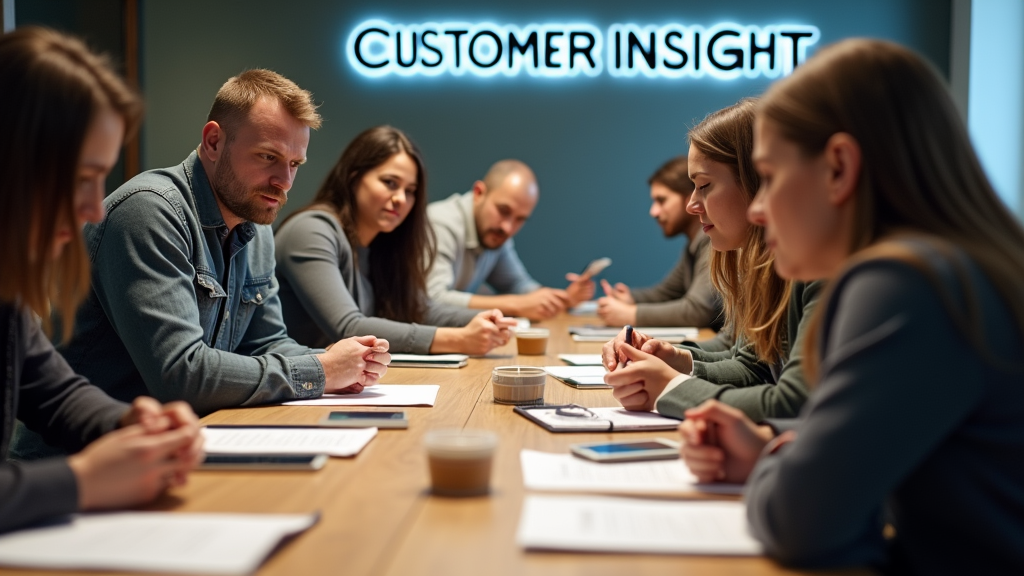 Medium shot of a diverse group of people in a focus group setting, actively engaged in discussion. Notepads and devices visible on the table. There's written "CUSTOMER INSIGHT" with large bold font.