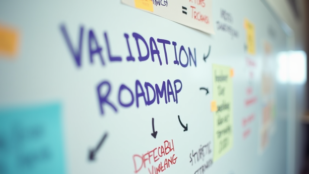 Close up shot of a whiteboard filled with strategic planning notes, sticky notes, and arrows connecting different elements. There's written "VALIDATION ROADMAP" with large bold font.