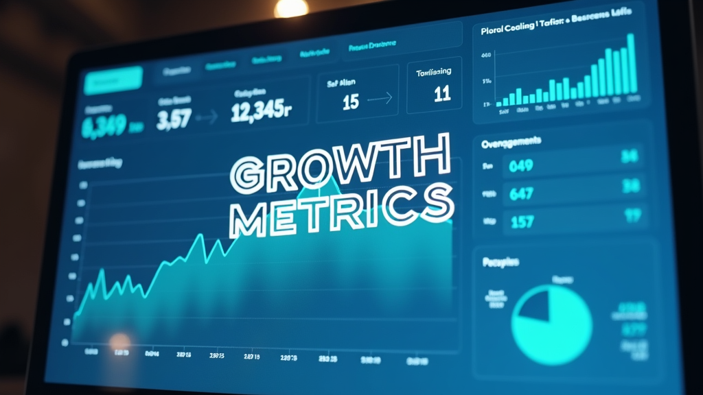 Medium shot of a digital dashboard displaying various growth metrics and user engagement data. Charts and graphs show positive trends. There's written "GROWTH METRICS" with large bold font.