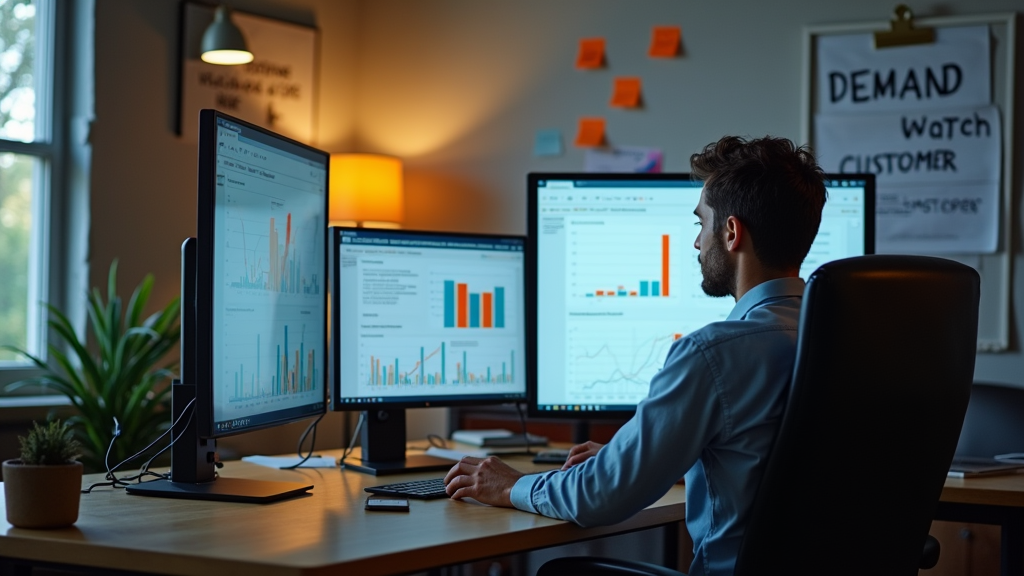 Medium shot of a business person analyzing data on multiple screens showing graphs and customer metrics. Warm office environment with sticky notes on wall. There's written "DEMAND VALIDATION" with large bold font.