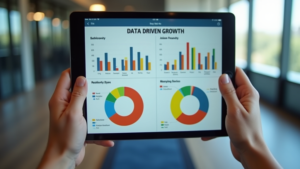 Close up shot of hands pointing at a tablet displaying colorful marketing analytics dashboard with growth charts. Modern office setting in background. There's written "DATA DRIVEN GROWTH" with large bold font.