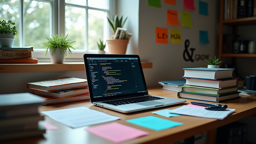 Medium shot of a desk with programming books, a laptop showing code, and sticky notes with coding concepts. Natural lighting from a window. There's written "LEARN & GROW" with large bold font.