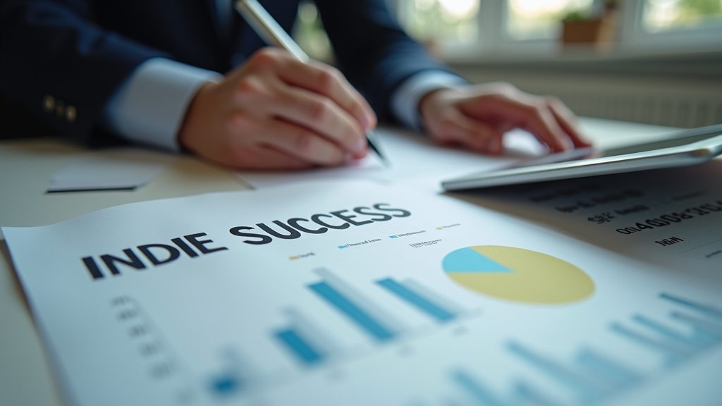 Close up shot of hands working on a business plan with financial projections and a tablet showing analytics. Soft office lighting creates a professional atmosphere. There's written "INDIE SUCCESS" with large bold font.