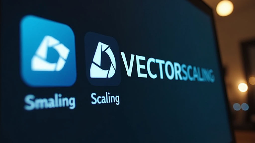 Close up shot of a computer screen showing a vector logo being scaled to different sizes without losing quality. Screen shows both small and large versions of the same crisp logo. There's written "VECTOR SCALING" with large bold font.