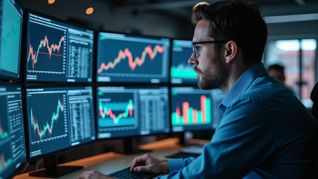 Medium shot of a person analyzing digital charts and graphs on multiple screens in a well-lit office environment. Sticky notes with market insights visible in the background. There's written "MARKET INSIGHTS" with large bold font.