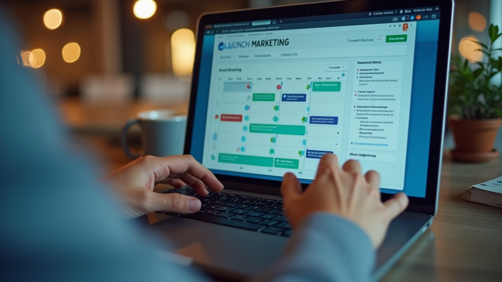 Close up shot of hands typing on a laptop with multiple social media marketing campaigns visible on screen. Marketing calendar and content plan visible in the background. There's written "LAUNCH MARKETING" with large bold font.