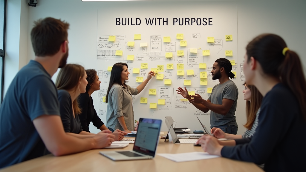 Medium shot of a diverse team gathered around a whiteboard with sticky notes and product sketches. The scene shows collaborative planning and ideation in progress. There's written "BUILD WITH PURPOSE" with large bold font.