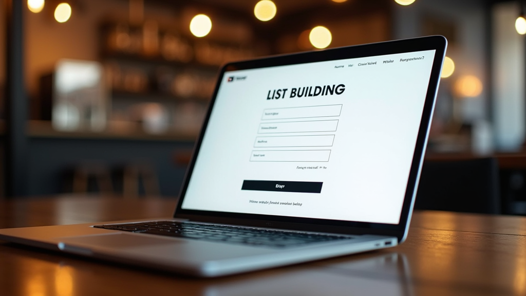 Medium shot of a sleek laptop screen showing an elegant email signup form with a blurred background of a coffee shop. Modern and minimalist design elements visible. There's written "LIST BUILDING" with large bold font.