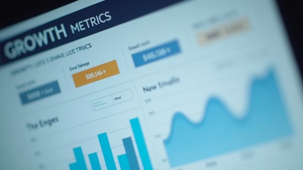 Close up shot of a clean, modern analytics dashboard showing email list growth charts and metrics. Soft, professional lighting highlights important data points. There's written "GROWTH METRICS" with large bold font.