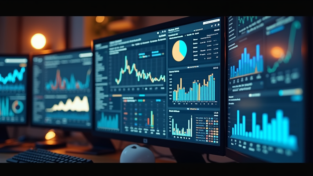 Medium shot of a modern dashboard displaying various landing page analytics on multiple screens. The scene shows warm, ambient lighting with graphs and charts creating a data-rich environment. There's written "MEASURE SUCCESS" with large bold font.