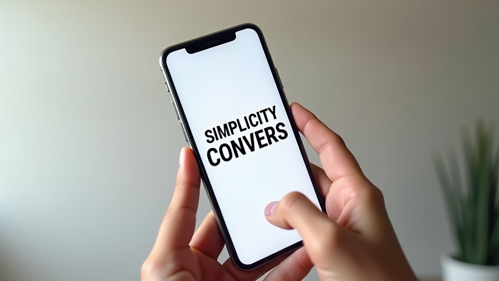 Close up shot of a hand holding a smartphone displaying a clean, minimal landing page design. The phone is positioned against a soft gradient background with subtle design elements floating around it. There's written "SIMPLICITY CONVERTS" with large bold font.