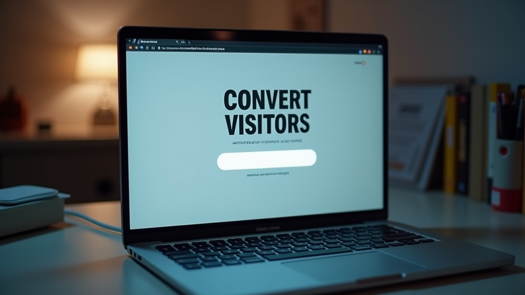 Close up shot of a minimalist and modern landing page on a sleek laptop screen, with a clear call-to-action button glowing softly. The surrounding environment shows a clean, organized desk with subtle ambient lighting. There's written "CONVERT VISITORS" with large bold font.