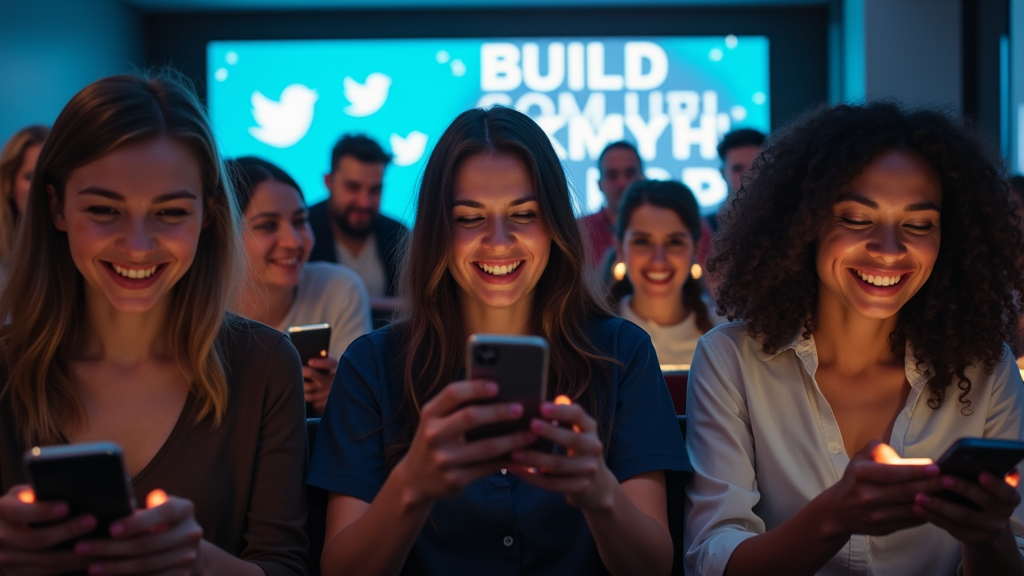 Medium shot of diverse group of people actively engaging with their phones, showing genuine excitement and connection. The scene shows multiple screens displaying social media interactions and community engagement. There's written "BUILD COMMUNITY" with large bold font.