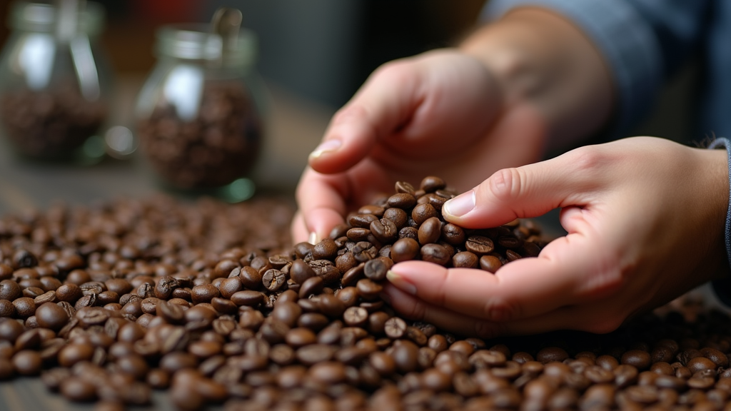 Close up shot of freshly roasted coffee beans being carefully examined by expert hands, with various coffee preparation tools visible in the soft-focus background