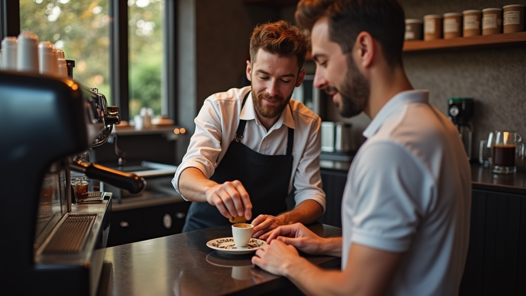 Medium shot of a professional barista demonstrating latte art while explaining the process to an interested customer, with a row of specialty coffee brewing equipment visible on the counter