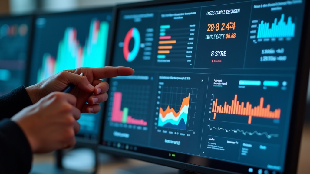 Close up shot of a sleek dashboard displaying colorful charts, graphs, and real-time marketing metrics on a high-resolution monitor. Hands of a marketing professional pointing at key performance indicators while making notes. There's written "DATA DRIVEN DECISIONS" with large bold font