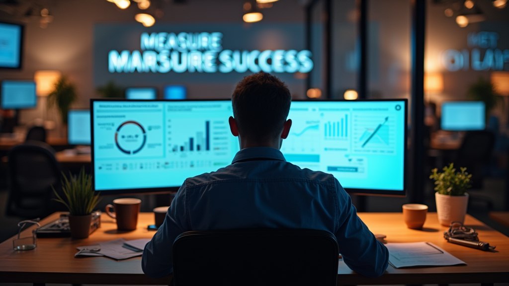 Medium shot of a modern office setting with a marketing professional reviewing ROI reports on multiple screens. Warm lighting creates a focused atmosphere as they analyze growth charts and conversion metrics. There's written "MEASURE SUCCESS" with large bold font