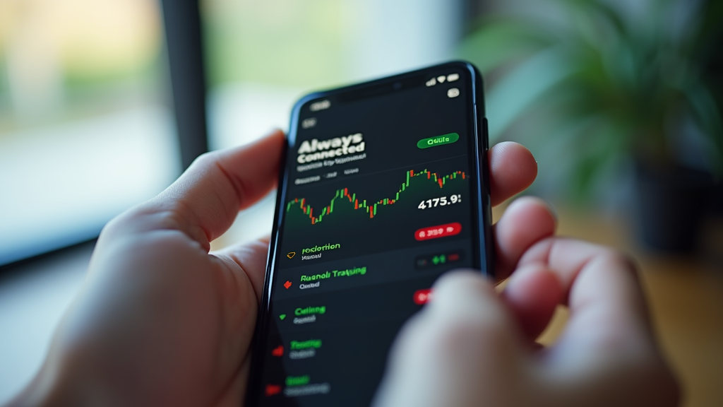 Close up shot of a person's hands holding a smartphone displaying a clean, modern stock tracking app interface with green and red indicators