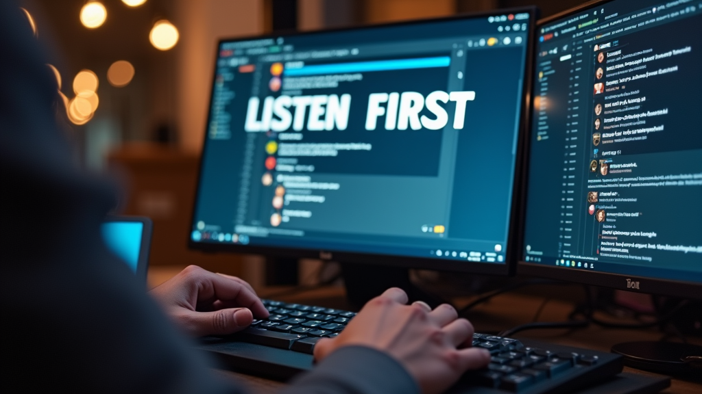 Close up shot of hands typing on a keyboard with multiple chat windows open showing active conversations with community members. The screen reflects genuine engagement and connection with the audience. There's written "LISTEN FIRST" with large bold font.