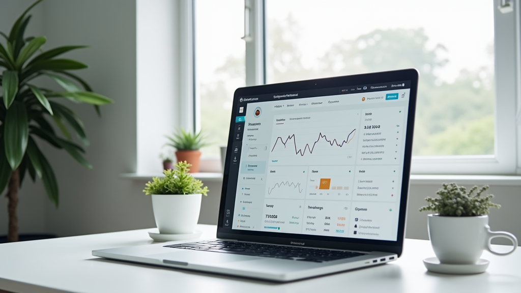 Medium shot of a minimalist workspace with a laptop showing a Notion dashboard with embedded stock widgets and financial data