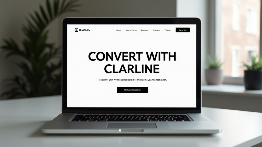 Close up shot of a clean, minimal landing page layout on a modern laptop screen. The image should show clear hierarchy with headline, subheadline, and CTA button visible. There's written "CONVERT WITH CLARITY" with large bold font