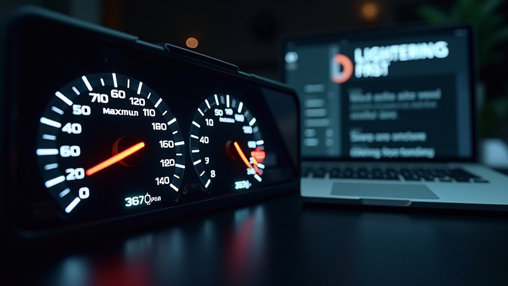 Medium shot of a speedometer dashboard showing maximum speed, with a modern laptop displaying a landing page in the background. The scene should convey speed and efficiency. There's written "LIGHTNING FAST" with large bold font