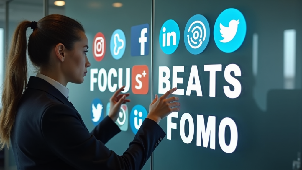 Medium shot of a focused professional strategically arranging social media platform icons on a glass wall. The scene shows careful consideration in platform selection with some icons being prominently placed while others are set aside. There's written "FOCUS BEATS FOMO" with large bold font.