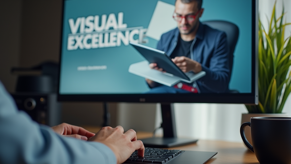 Close up shot of a designer's hands working on a sleek product presentation on a large monitor. The workspace is minimal with a coffee cup and plant visible in the background. There's written "VISUAL EXCELLENCE" with large bold font.