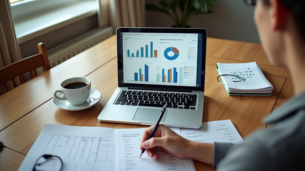 Medium shot of a person reviewing financial documents at a kitchen table with a laptop showing charts and graphs. A cup of coffee and a notebook with calculations sit nearby, creating a relatable home finance scene. There's written "SMART BORROWING DECISIONS" with large bold font.