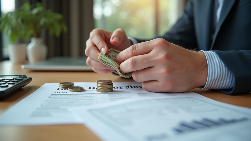 Close up shot of hands counting cash and coins on a modern wooden desk with a calculator and mortgage application form visible. Soft natural lighting creates a professional yet approachable atmosphere. There's written "Smart Money Moves" with large bold font.