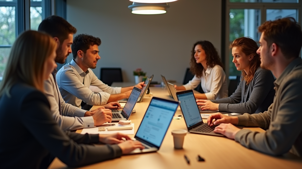 Medium shot of a diverse group of people sitting around a conference table reviewing multiple mortgage offers and comparing rates on laptops. Warm office lighting creates a collaborative atmosphere. There's written "Compare and Save" with large bold font.