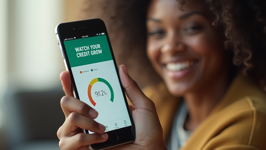 Close up shot of a smartphone displaying a credit score improvement graph with a happy diverse user looking at it. Soft background lighting creates an optimistic atmosphere. There's written "WATCH YOUR CREDIT GROW" with large bold font.