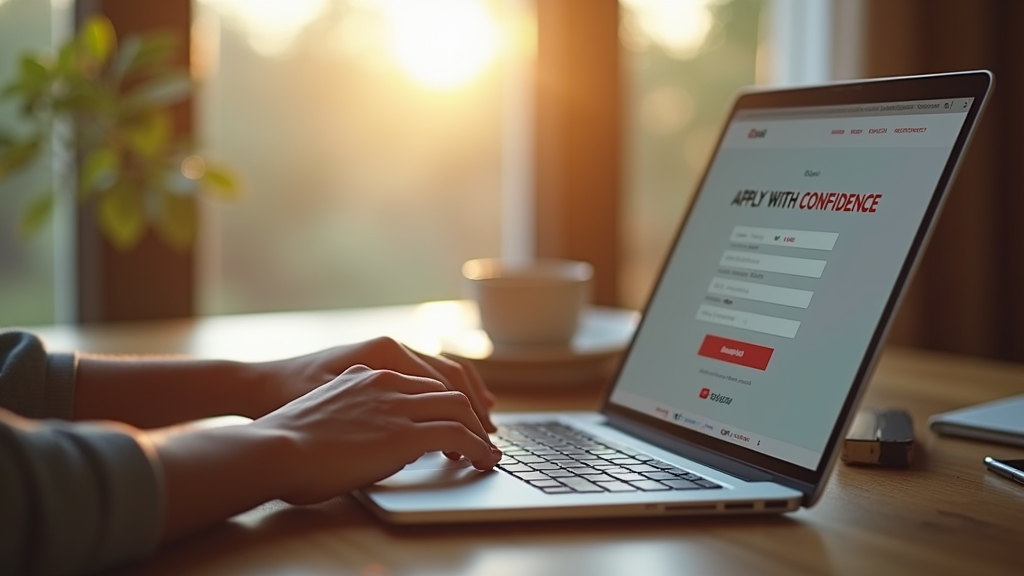 Medium shot of diverse hands typing on a laptop with a Petal card application screen visible. Natural lighting through a window creates a hopeful morning atmosphere. There's written "APPLY WITH CONFIDENCE" with large bold font.