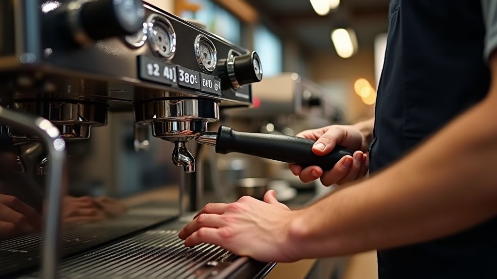 Close up shot of a professional barista carefully operating a gleaming espresso machine with steam rising, showing attention to detail and craftsmanship