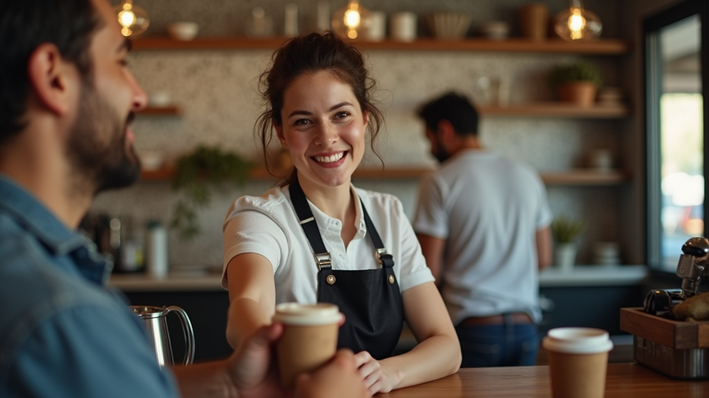 Medium shot of a smiling barista handing a carefully crafted latte to a customer across a wooden counter, showing genuine connection and warmth