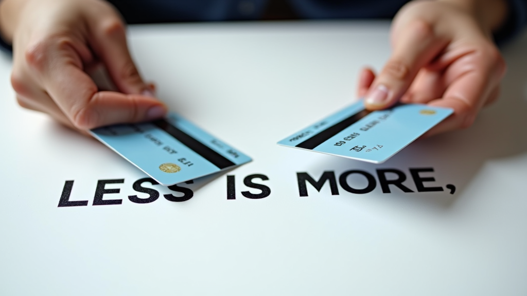 Close up shot of a person's hands cutting a credit card in half with scissors on a clean white desktop. The lighting is bright and professional, creating sharp shadows. There's written "LESS IS MORE" with large bold font.