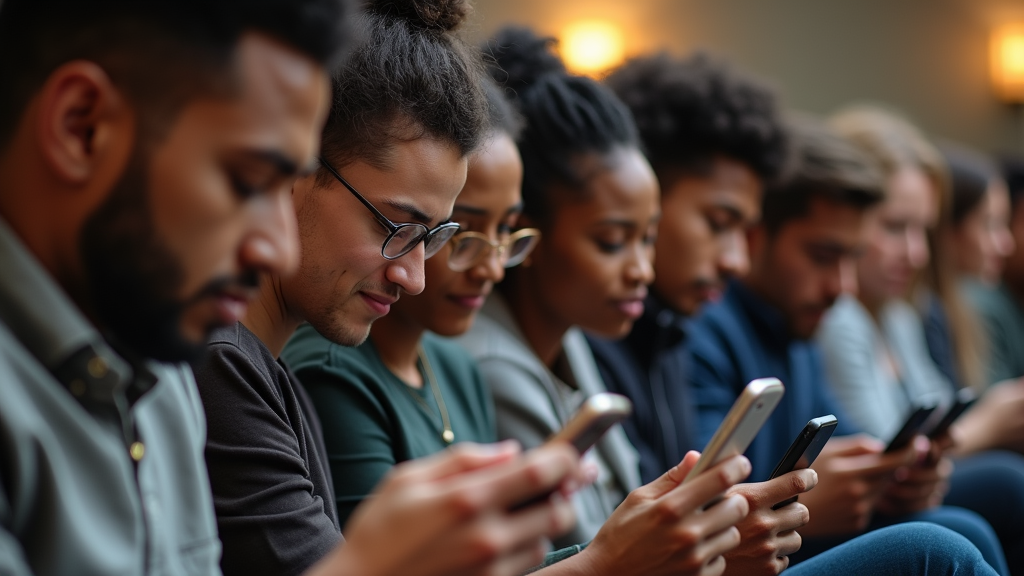 Close up shot of a diverse group of people looking at their smartphones with cryptocurrency market boom apps open, showing a mix of ages and backgrounds. The scene is well-lit and captures genuine expressions of interest and engagement. There's written "INCLUSIVE INVESTING" with large bold font.