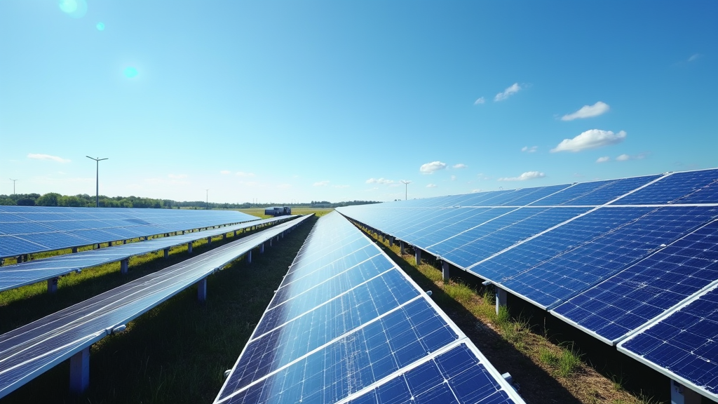 Wide shot of a modern solar farm powering a cryptocurrency mining facility, with rows of solar panels stretching into the distance against a blue sky. The scene shows the intersection of renewable energy and blockchain technology. There's written "SUSTAINABLE CRYPTO" with large bold font.